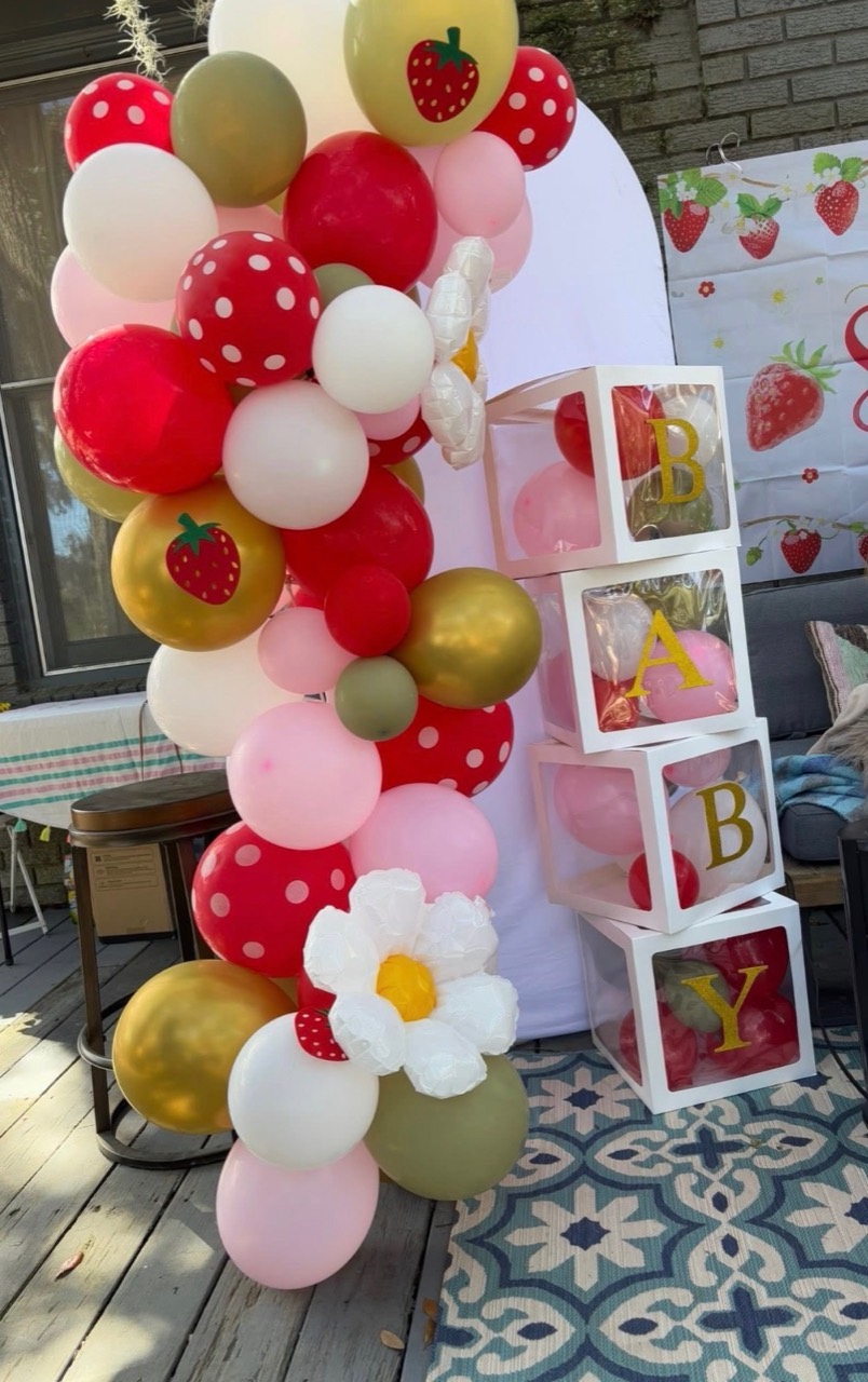 Strawberry themed balloon garland with baby blocks